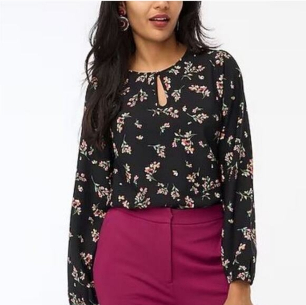J. Crew Black Floral Blouse Keyhole Neckline Women's Size Small